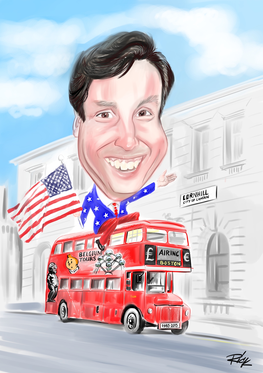 Caricature of man riding London bus waving American flag