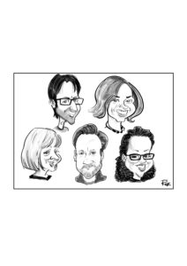 digital mono caricature of 5 persons heads