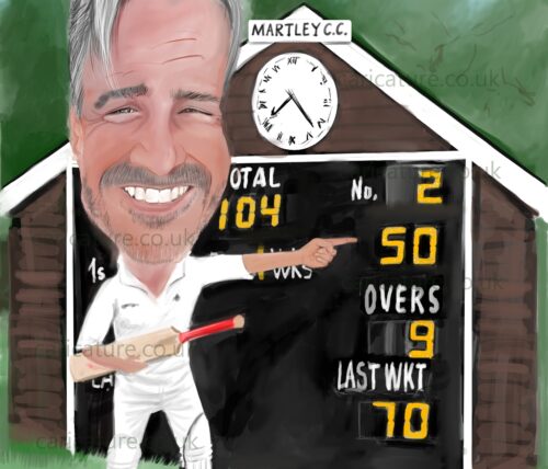 Cricketer carrying cricket bat and pointing to scoreboard showing 50 runs 